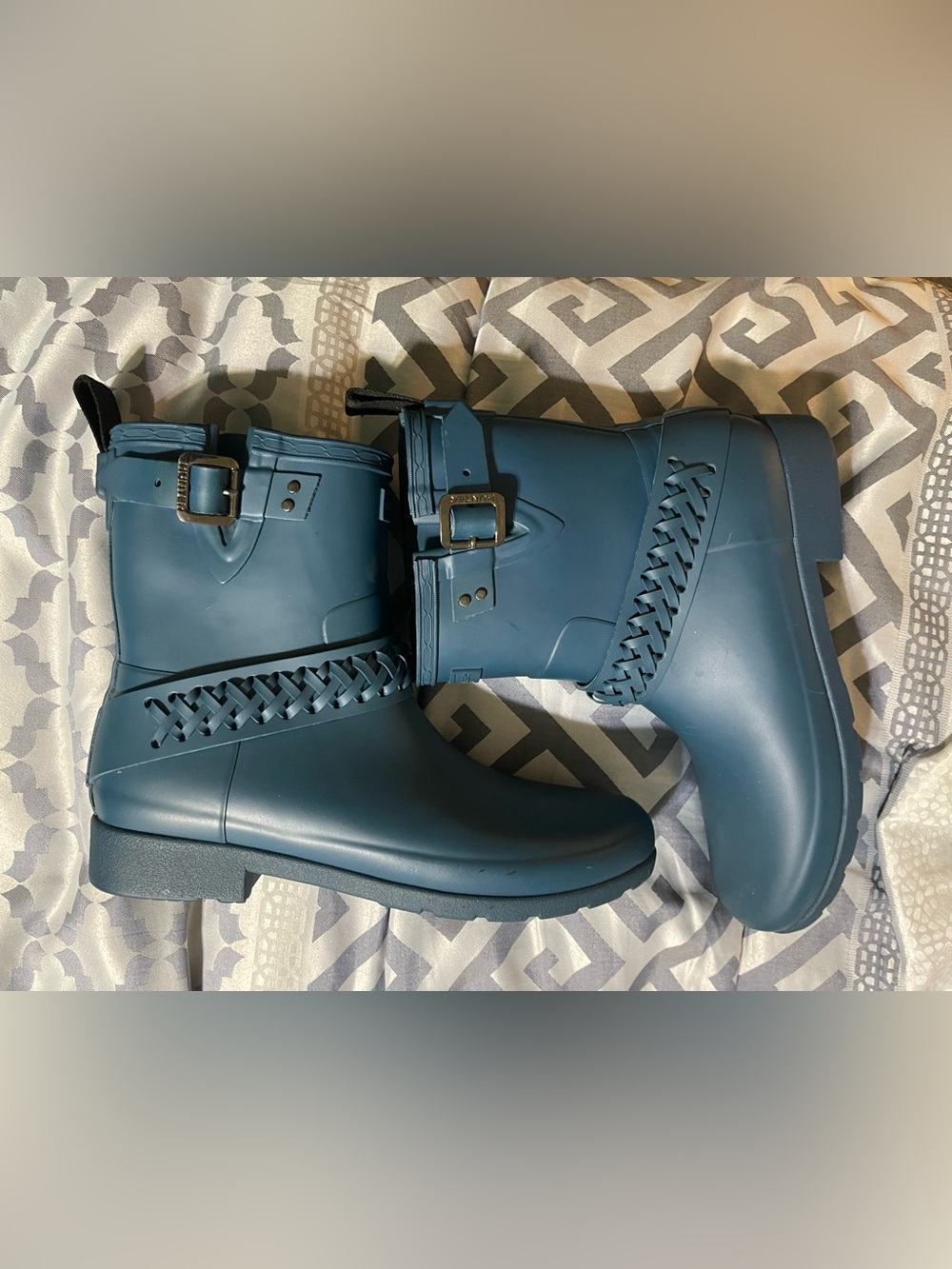 Hunter Biker Style Boots In  Blue Womens Size 9 Braided Strap. Buckle